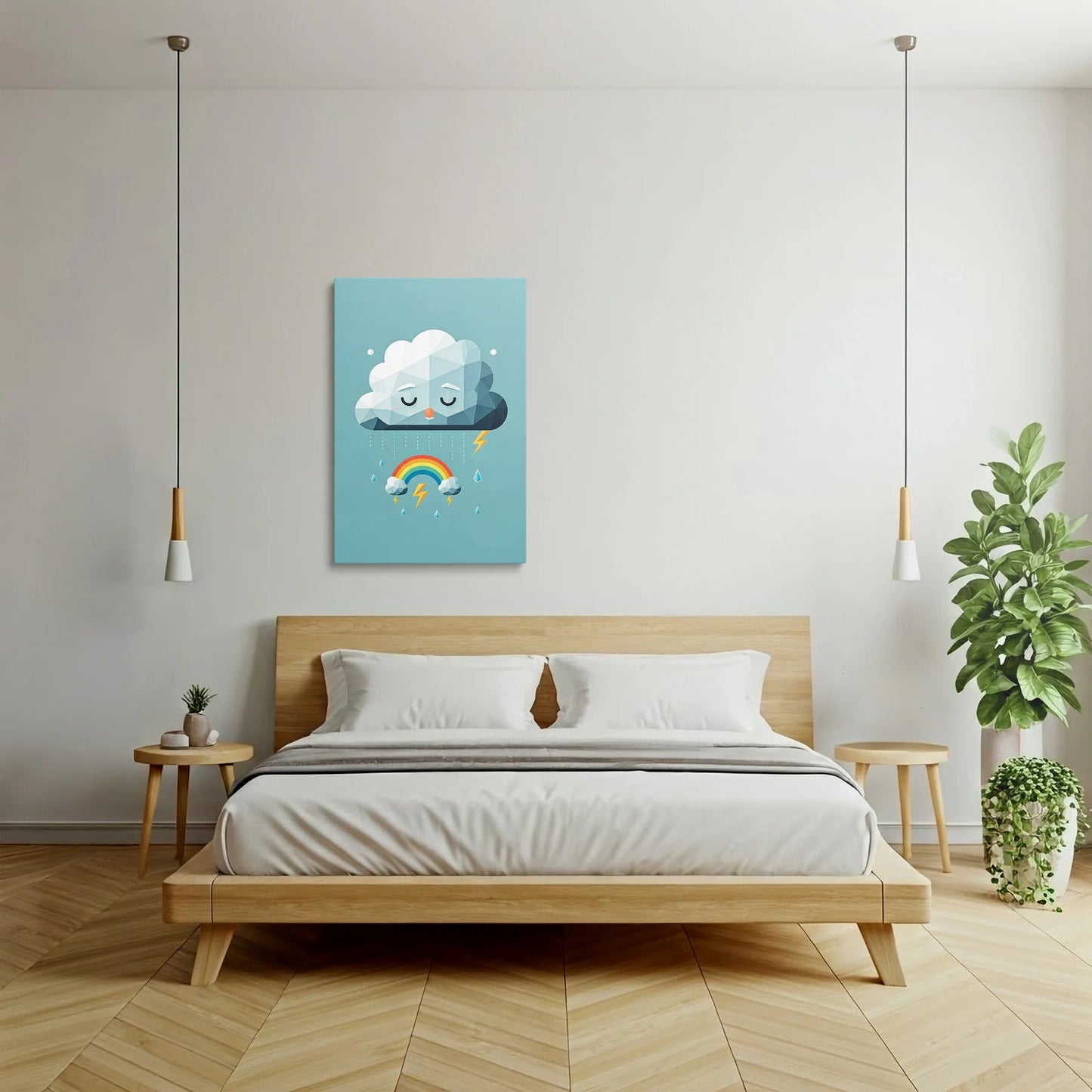 Tablou Modern - Portret Geometric cu Nor și Curcubeu - vedere dormitor