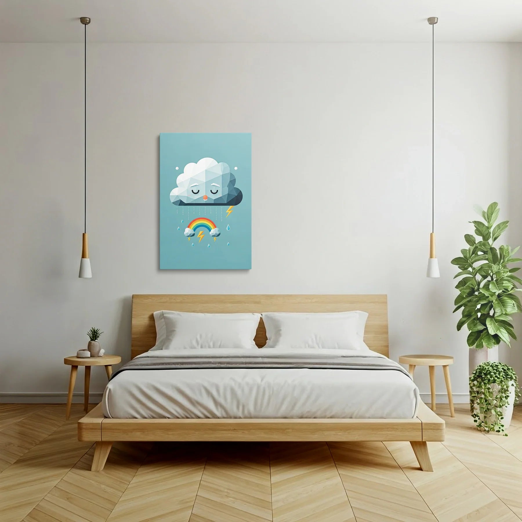 Tablou Modern - Portret Geometric cu Nor și Curcubeu - vedere dormitor