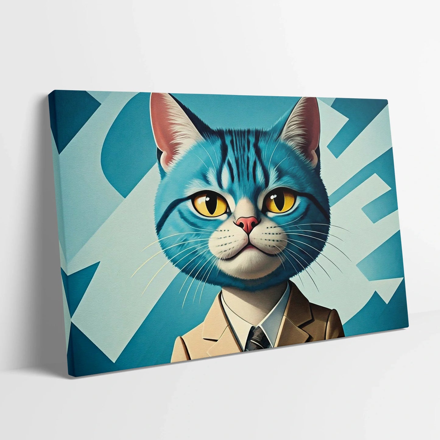 Tablou Modern - Portret Cubist cu Pisică Colorată - vedere din lateral sprijinit perete