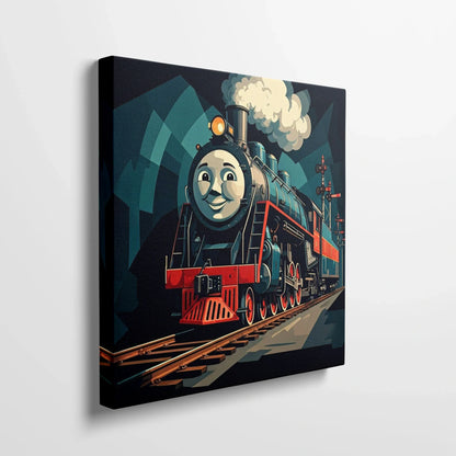 Tablou Modern - Locomotivă Cubistă Colorată - vedere din lateral sprijinit perete