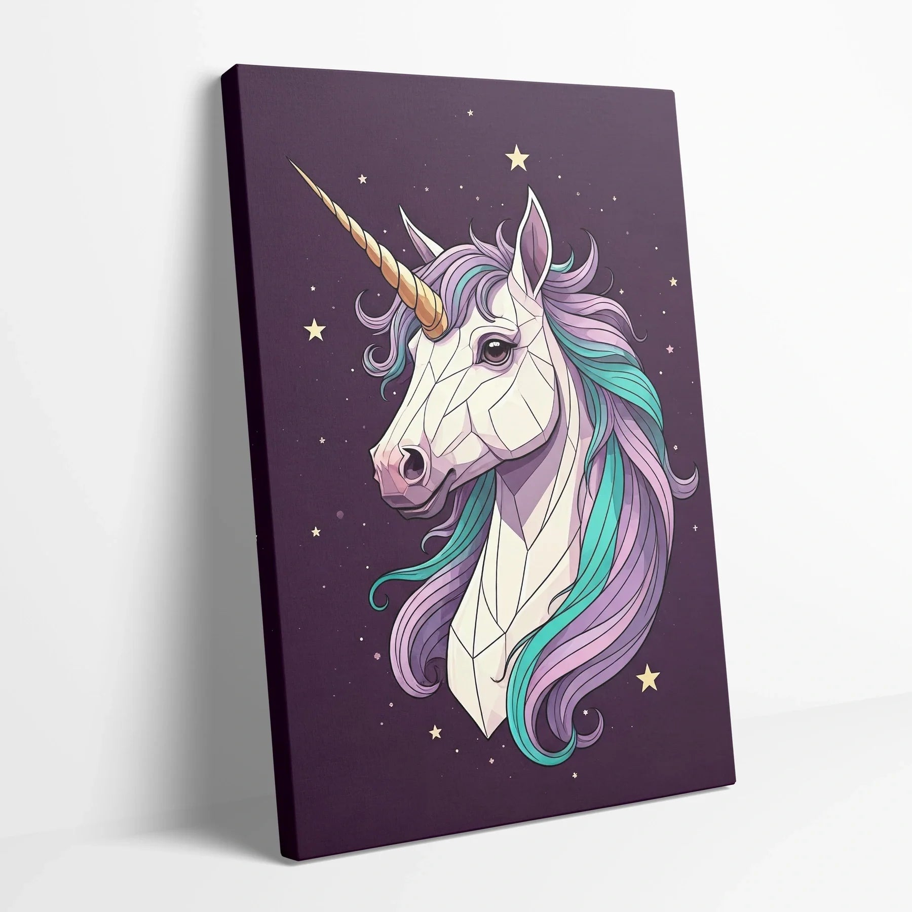 Tablou Modern - Portret Geometric cu Unicorn - vedere din lateral sprijinit perete