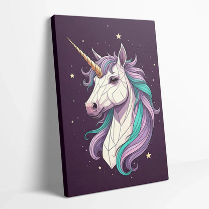 Tablou Modern - Portret Geometric cu Unicorn - vedere din lateral sprijinit perete