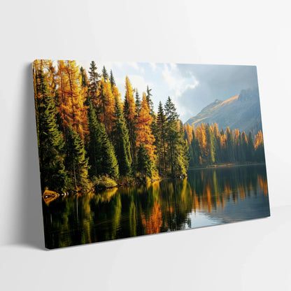 Tablou Peisaje - Pădure de Toamnă Reflectată în Lac - vedere din lateral sprijinit perete