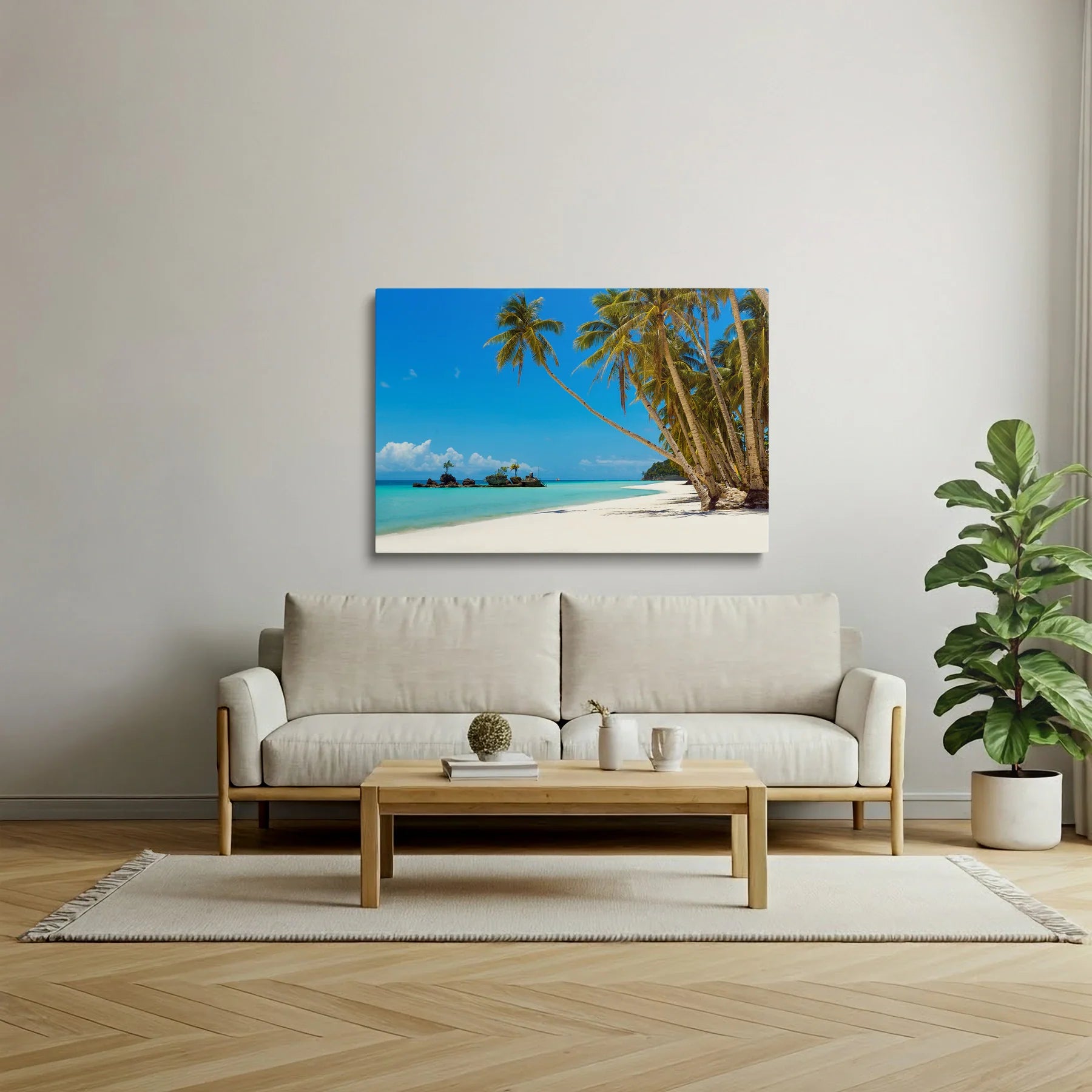 Tablou Peisaje - Plajă Tropicală cu Palmieri și Mare Turcoaz - vedere living