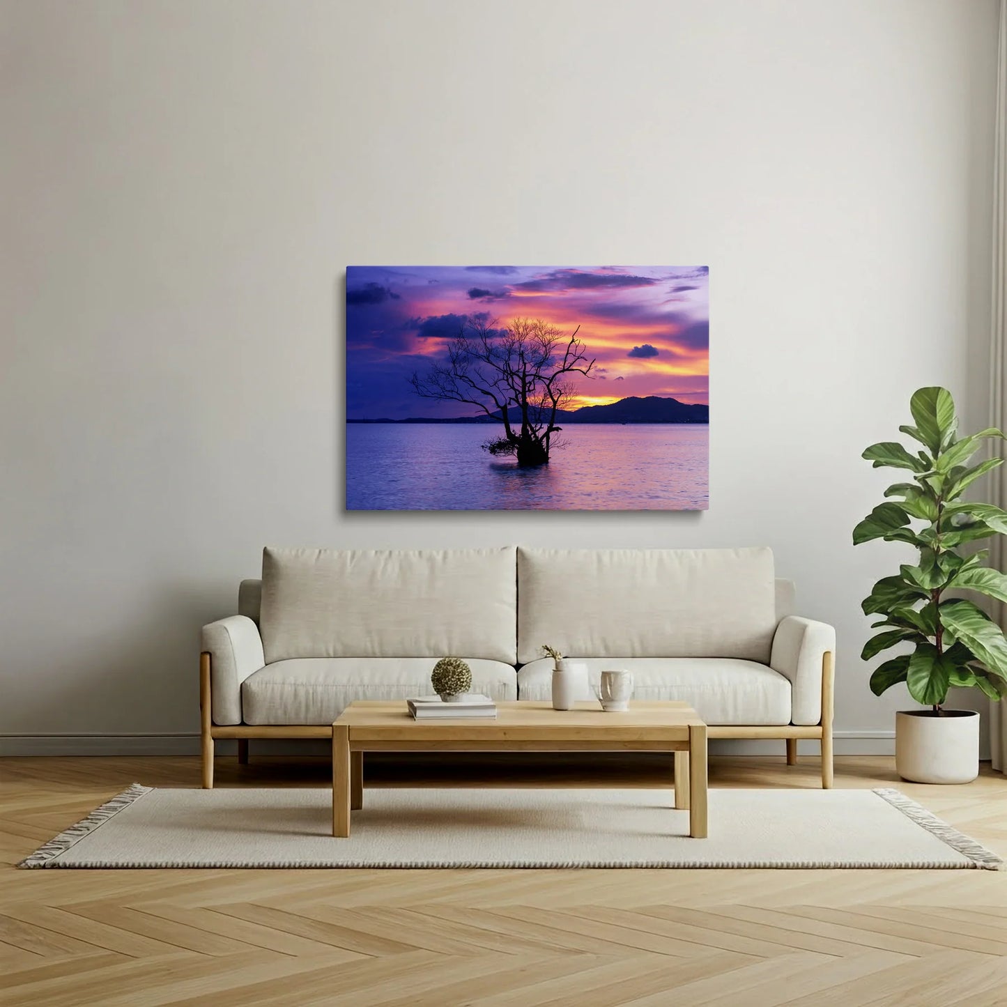 Tablou Peisaje - Apus Dramatic cu Arbore Singuratic - vedere living