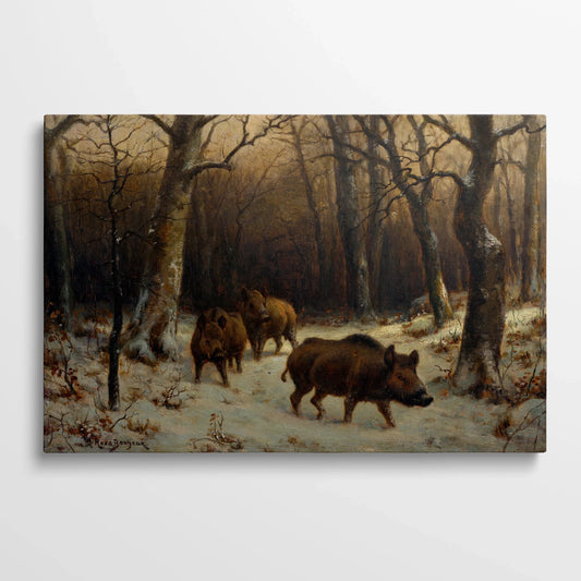 Tablou picturi celebre - Porci mistreți în zăpadă, R. Bonheur - vedere din fata