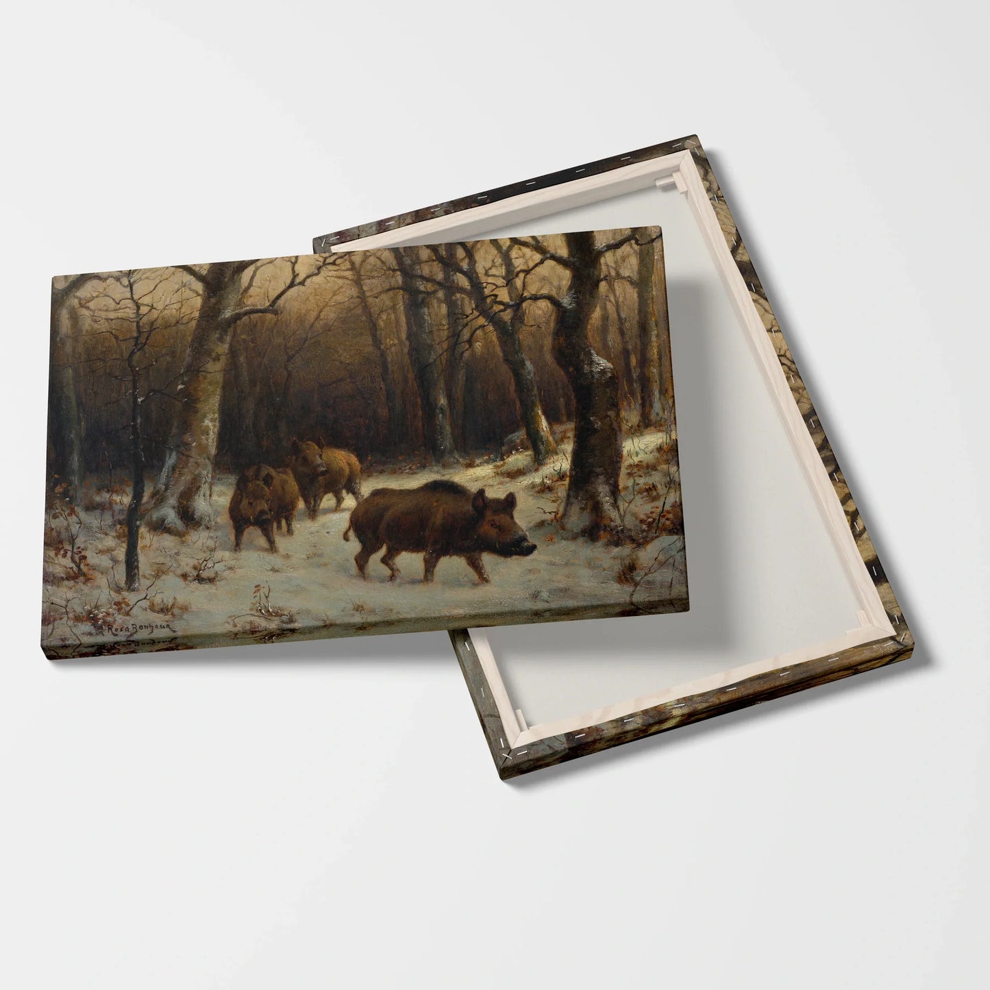 Tablou picturi celebre - Porci mistreți în zăpadă, R. Bonheur - vedere fata verso