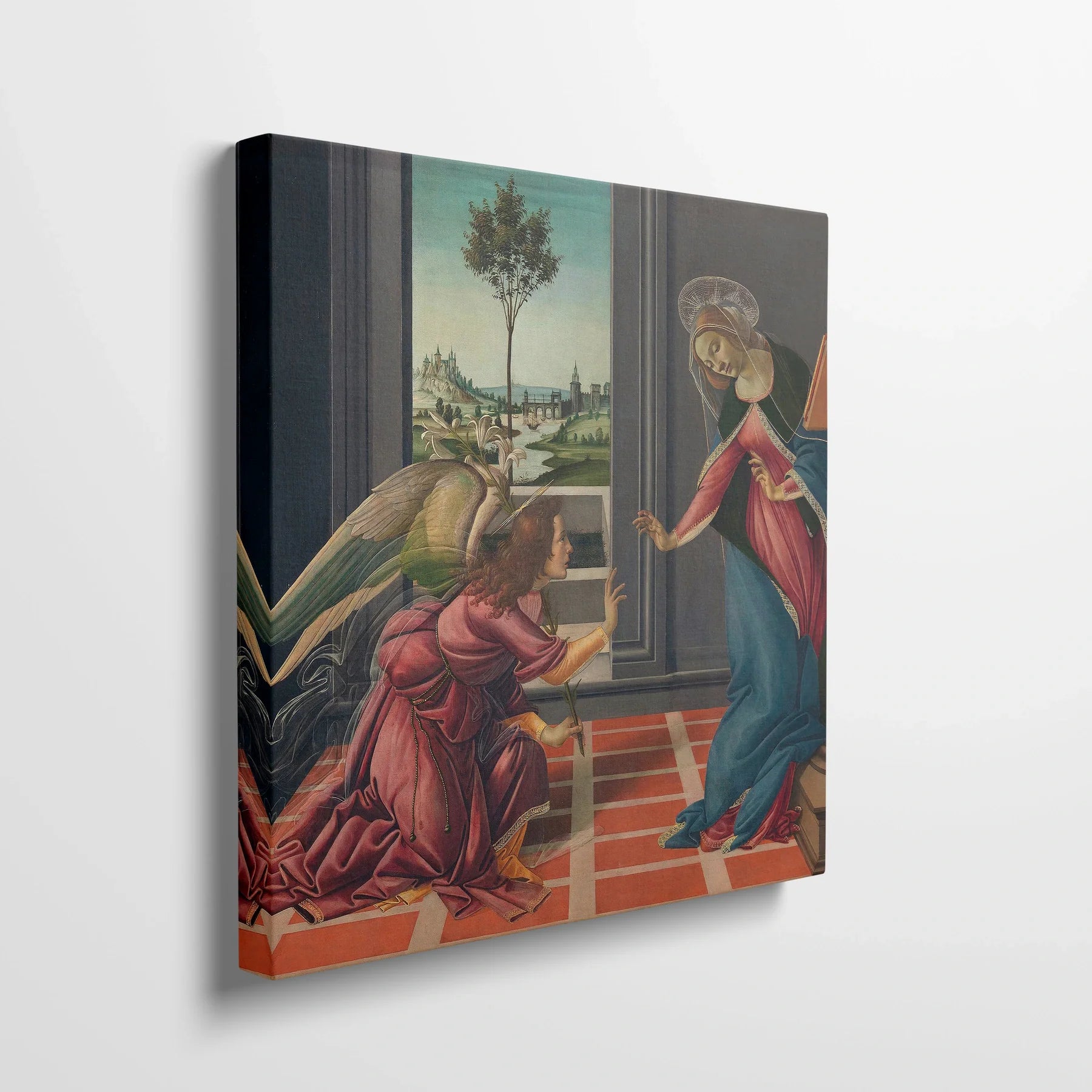 Tablou picturi celebre - Anunțul Fecioarei, Botticelli - vedere din lateral sprijinit perete