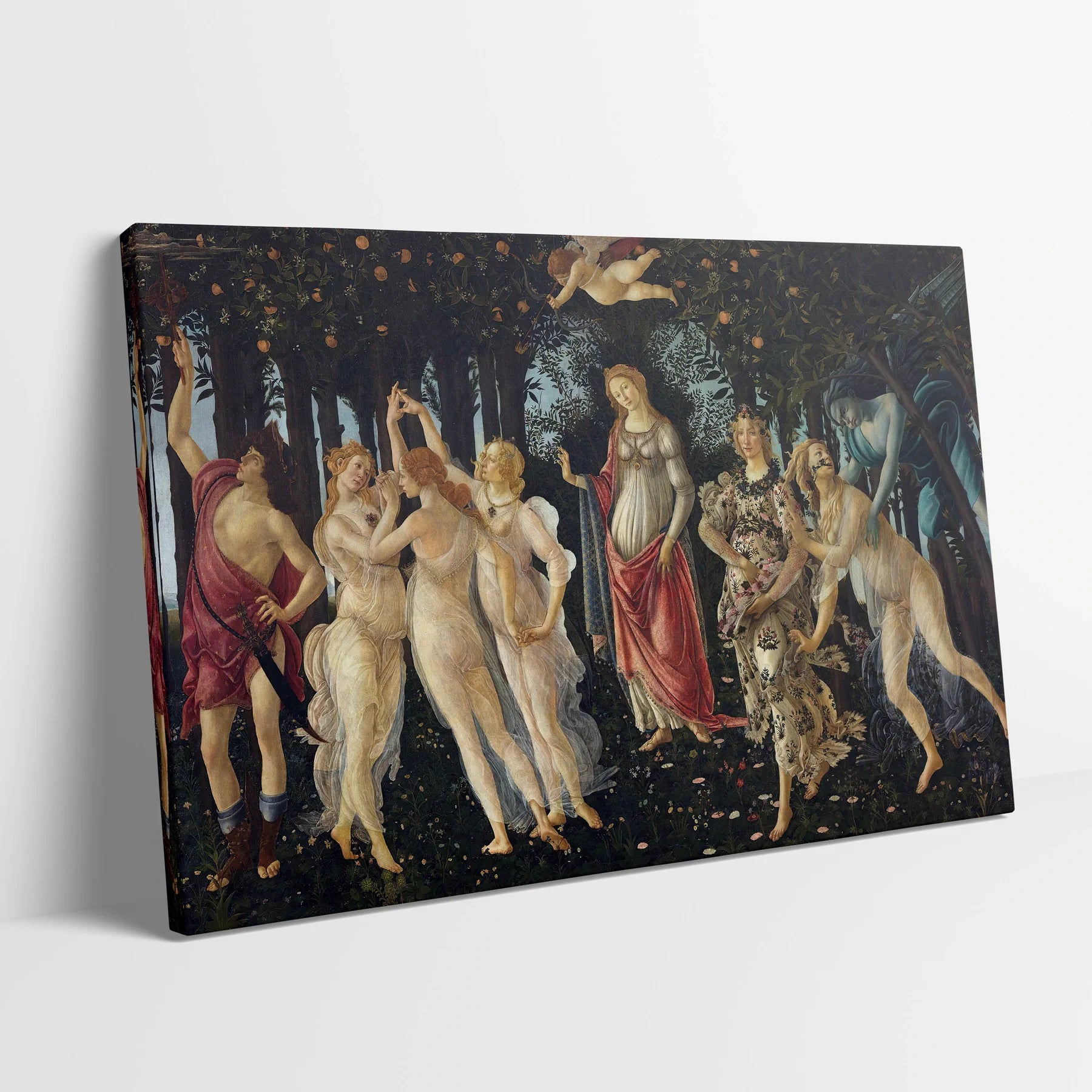 Tablou picturi celebre - Primăvara, Botticelli - vedere din lateral sprijinit perete