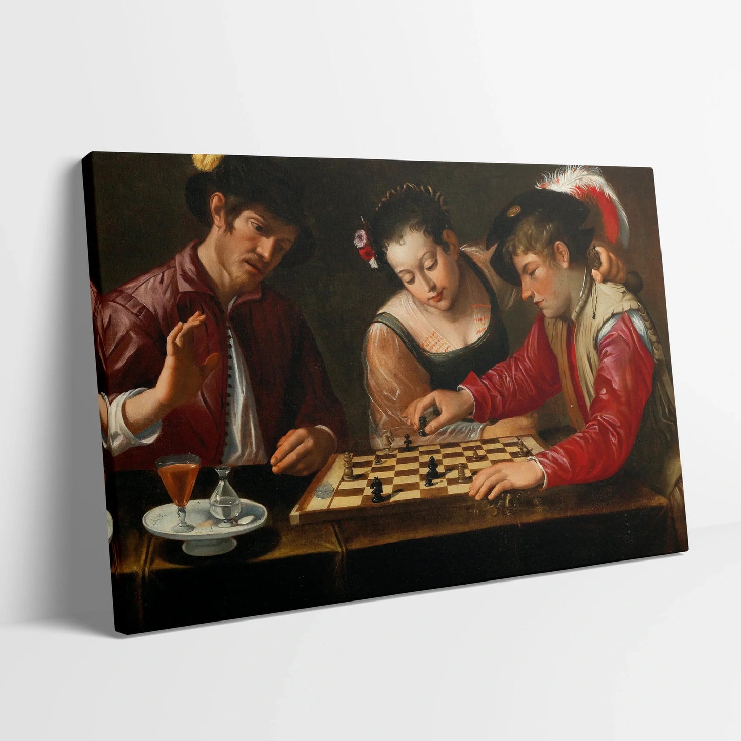 Tablou picturi celebre - Jucătorii de sah, Caravaggio - vedere din lateral sprijinit perete