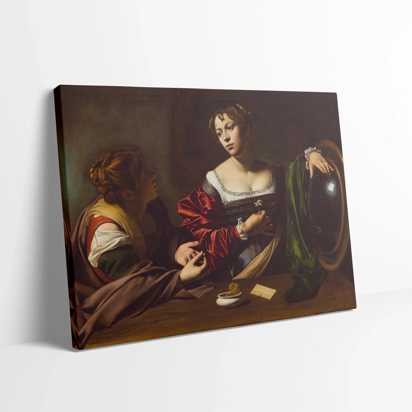 Tablou picturi celebre - Marta și Maria Magdalena, Caravaggio - vedere din lateral sprijinit perete