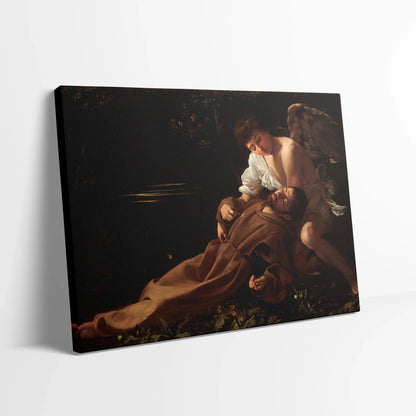 Tablou picturi celebre - Sf. Francisc din Assisi în extaz, Caravaggio - vedere din lateral sprijinit perete