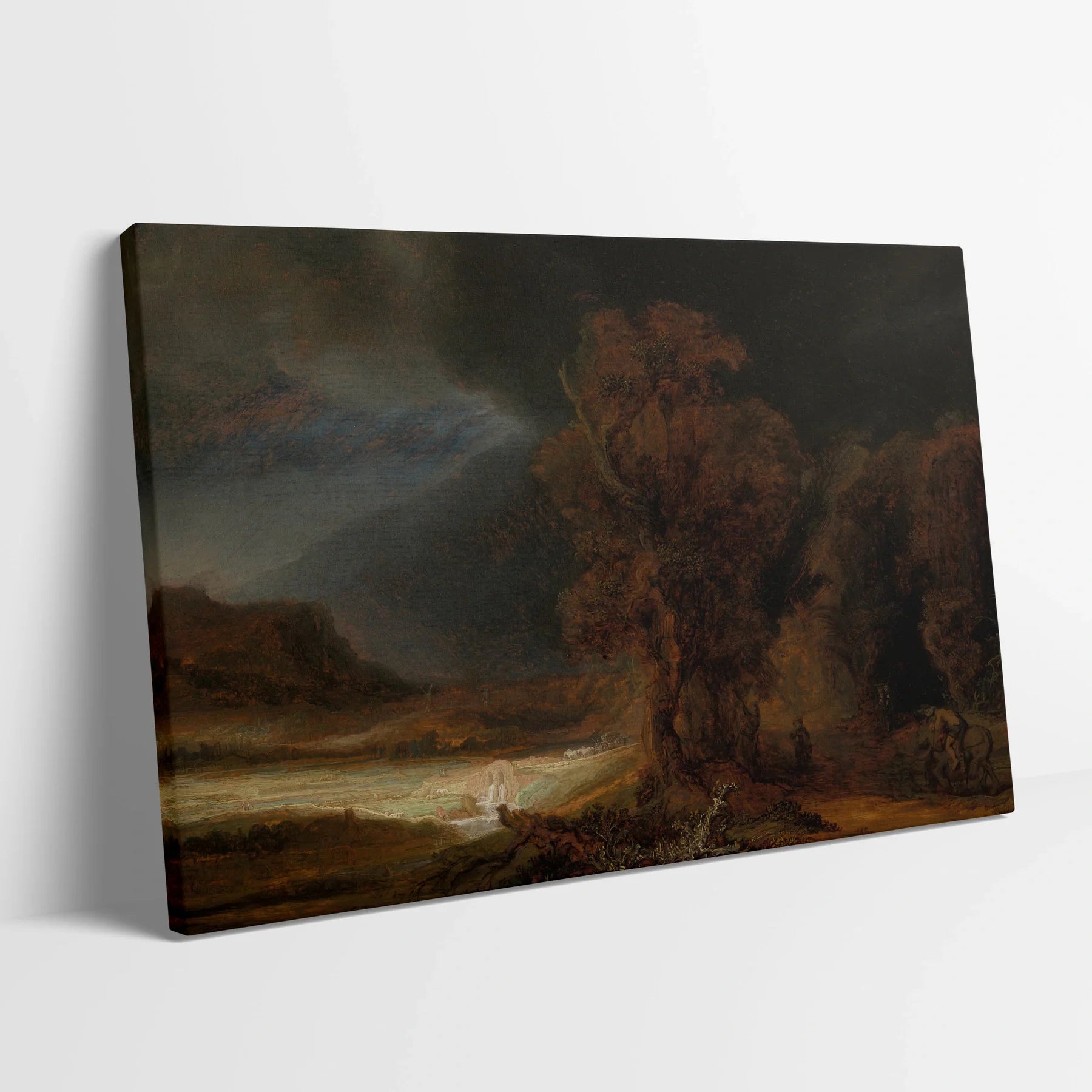 Tablou picturi celebre - Peisaj cu parabola bunului samaritean, Rembrandt - vedere din lateral sprijinit perete