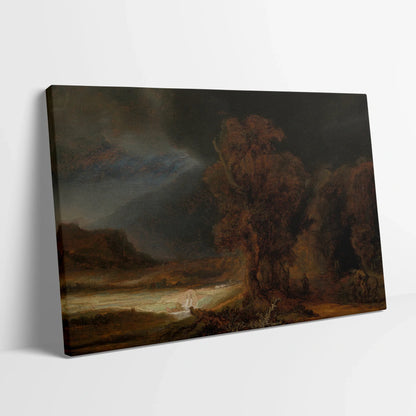 Tablou picturi celebre - Peisaj cu parabola bunului samaritean, Rembrandt - vedere din lateral sprijinit perete