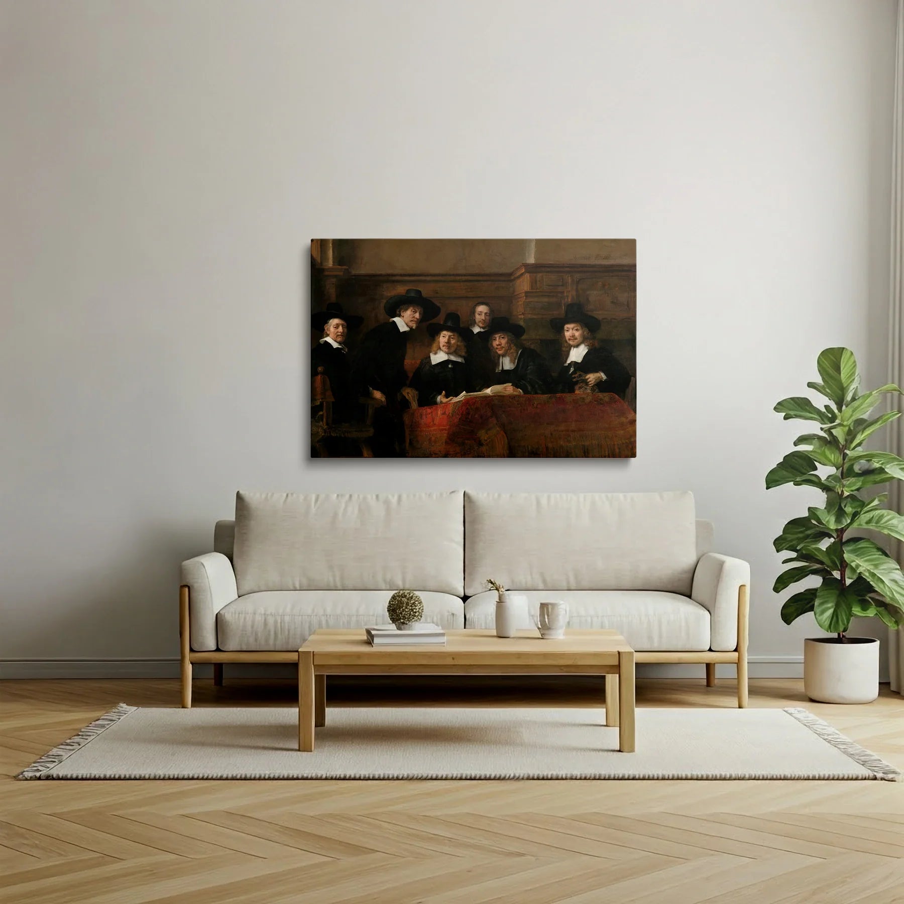 Tablou picturi celebre - Oficialii de probă ai breslei tesatorilor din Amsterdam, Rembrandt - vedere living