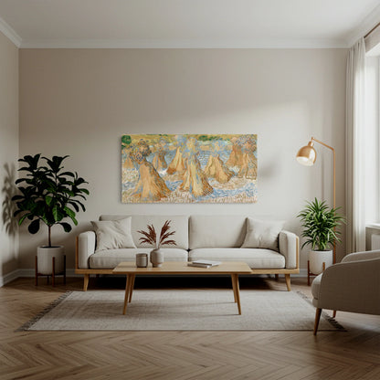 Tablou picturi celebre - Miriștea de grâu, Van Gogh - vedere living 1