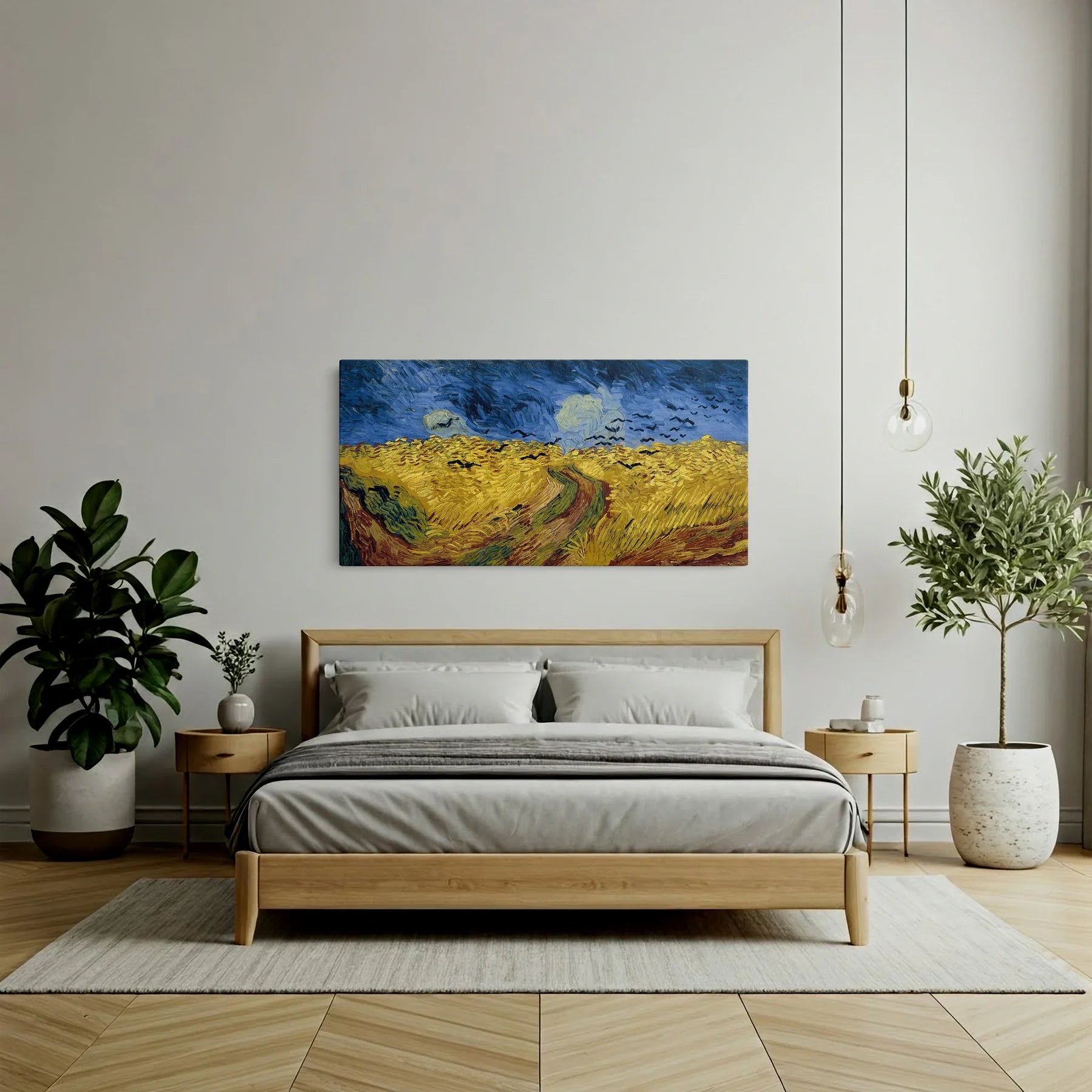Tablou picturi celebre - Câmp de grâu cu ciori, Van Gogh - vedere dormitor 1